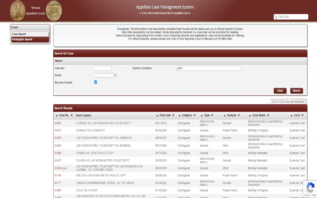 A screenshot showing the Appellate Case Management System, Participant Search platform provided by the Nevada Appellate Courts to find appellate court records in Nevada.