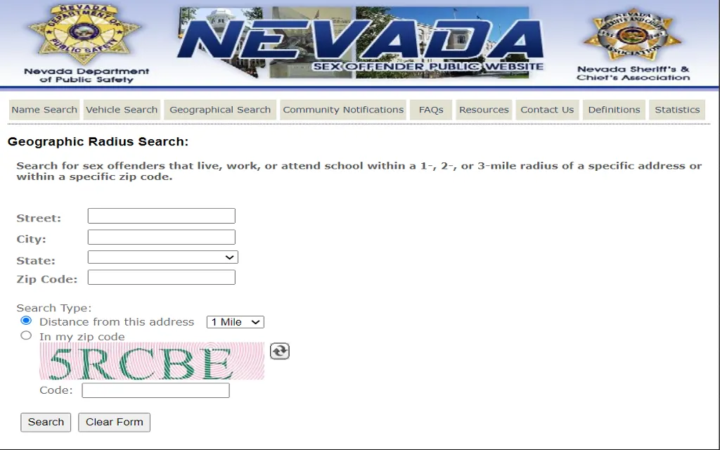 A screenshot showing the Nevada Offender Public Website provided by the Nevada Department of Public Safety specifically showing the Geographic Radius Search tool to search for sex offenders that live, work, or attend school within a few miles radius of a specific address 