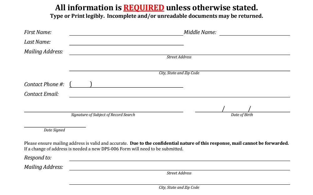 A screenshot of the criminal history request form to obtain criminal records through the Nevada State Police.