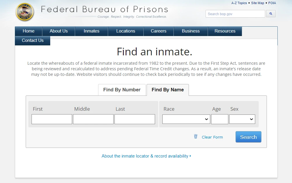 A screenshot of the BOP inmate locator offered by the Federal Bureau of Prisons, where the user can obtain a parolee database to find a subject’s historical parole details at the federal level.