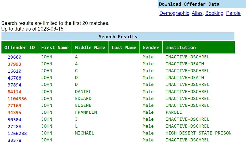 A screenshot of the NDOC Offender search tool to find a certain inmate by name or offender ID and–if available–the subject’s parole hearing date and location will be viewable.