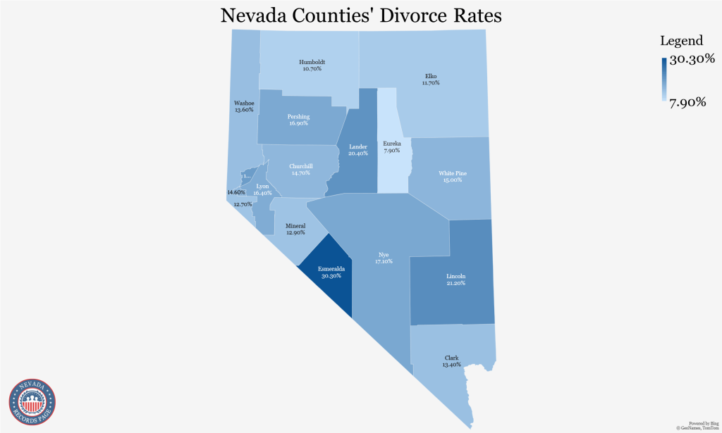 Map of Nevada showing the counties' divorce rates (5-year estimates in 2021).