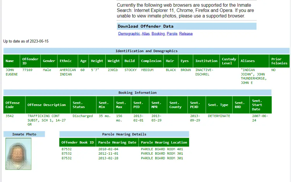 A screenshot of an inmate's information from NDOC which includes identification and demographics, booking information, and parole hearing details.