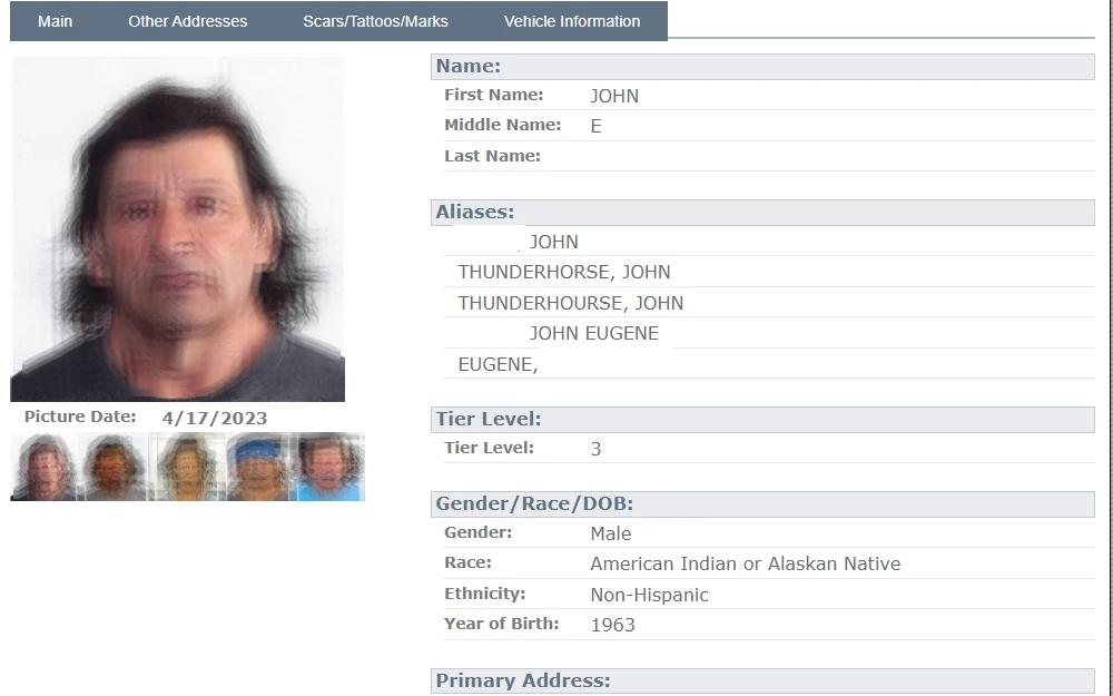 A screenshot of an offender's information with offense details also shown at the bottom of the screen, with the offender’s conviction date and description, name of the court involved, location of the offense, and the name of the institution where the sex offender is currently being held.