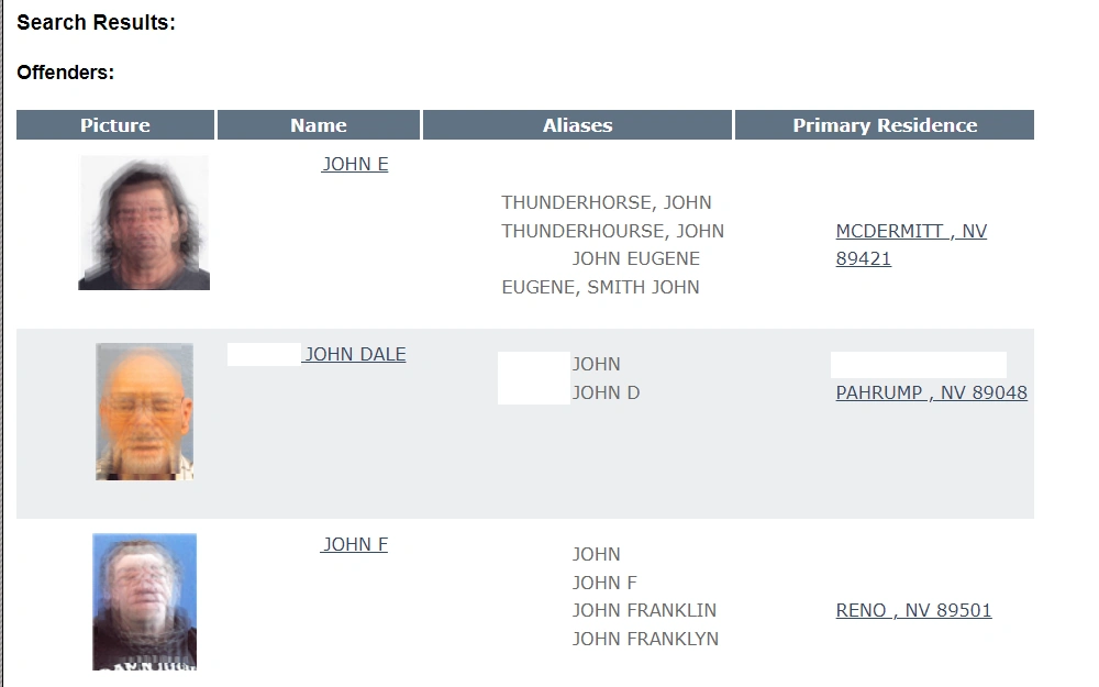 A screenshot of the Nevada Sex Offender Search to find registered sex offenders throughout the state.
