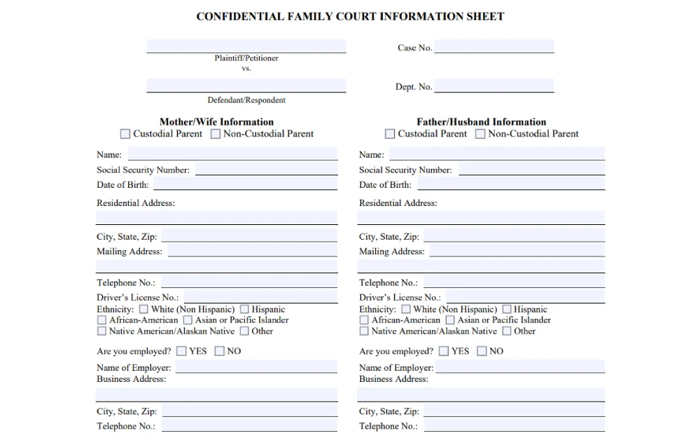 A screenshot of the Confidential Family Information Sheet, which is one of the forms to be filled out for joint divorce petition, with filling out information displayed such as petitioner and defendant's name, case number, department number, wife's relevant information, and husband's relevant information.
