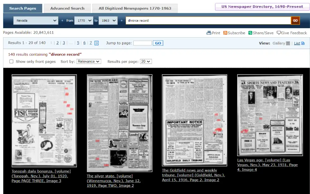 A screenshot of the Library of Congress digital newspaper record search tool with features for choosing a state, year of search scope, and search bar for the type of record to search for, wherein newspapers with the word search result are displayed below and sorted by relevance.
