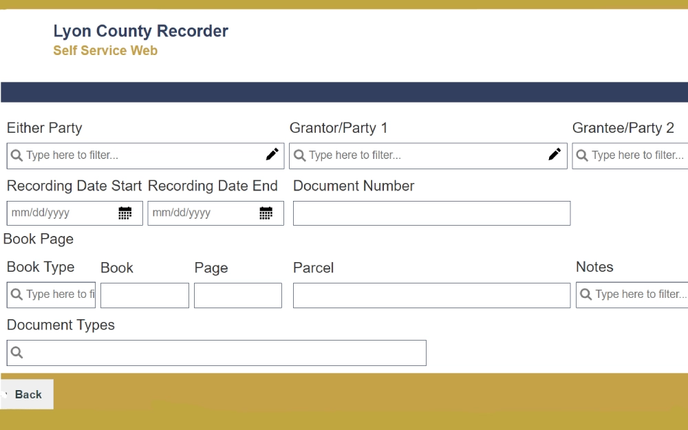 A screenshot of Lyon County Self Service Web Portal that allows the client to search for records using displayed features such as parties involved in the case, grantor, grantee, recording date start and end, and document number, while book pages are searched through book types, book, page, parcel ID, and notes; also it allows search features for document types. 
