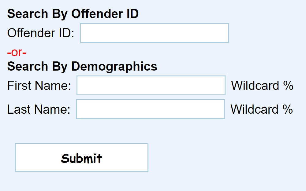 A screenshot of the Nevada Department of Corrections Offender Search page displays search options: Search by Offender ID or Search by Demographics ( first name and last name). The submit button is at the bottom. 