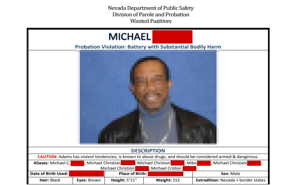 A screenshot of the Wanted Fugitives from the Nevada Department of Public Safety - Division of Parole and Probation displays offender information, including mugshots, full name and offense details. 