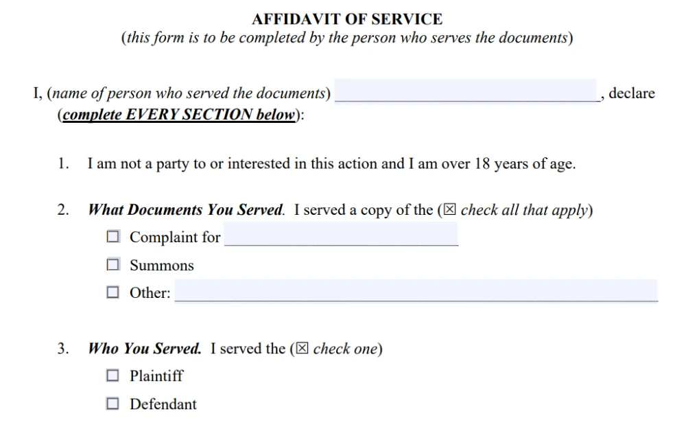 A screenshot of the affidavit of service form issued by the Nevada Supreme Court, to be completed by the person to serve the document, which requires filling out areas that request the serving person's name, one choice out of three options for the type of document to be served such as complaint, summons, or other forms which need to be indicated, and the type of person to serve which can either be a plaintiff or a defendant.