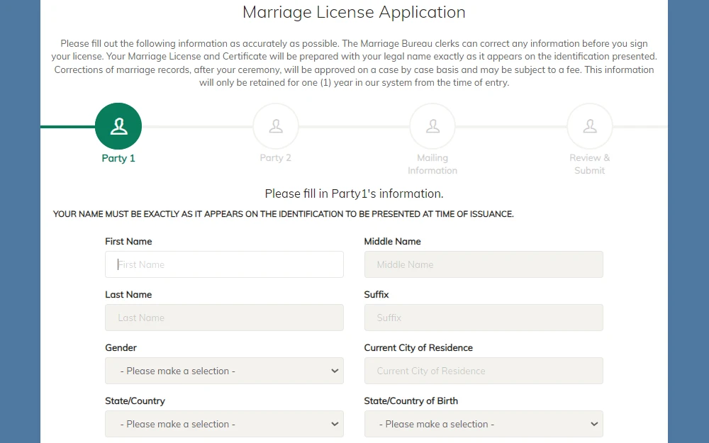 A screenshot of a part of the Clark County online application form for marriage showing a short instruction and reminder, and fields for one applicant's name, gender, and current residence.