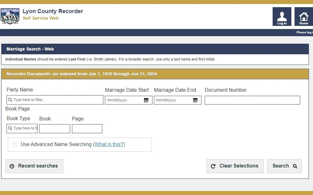 A screenshot of the marriage records search tool from Lyon County displaying the fields provided for party name, marriage date range, document number, book type, book, and page.