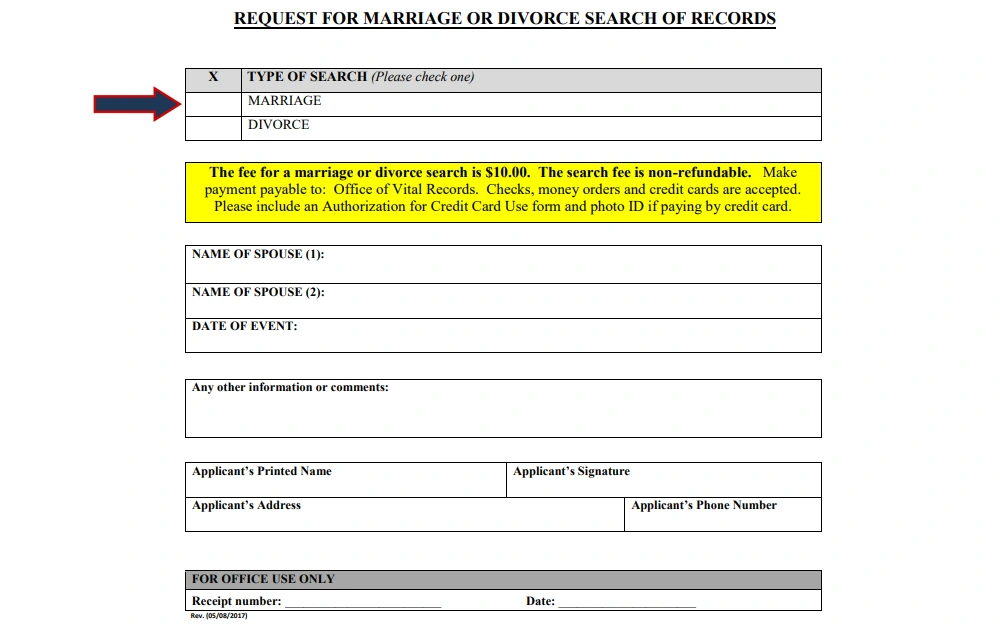Screenshot of the marriage records request form showing the fields to fill such as type of search, names of spouses, date of event, additional information, applicant's information, and a box containing details about fees and payment.