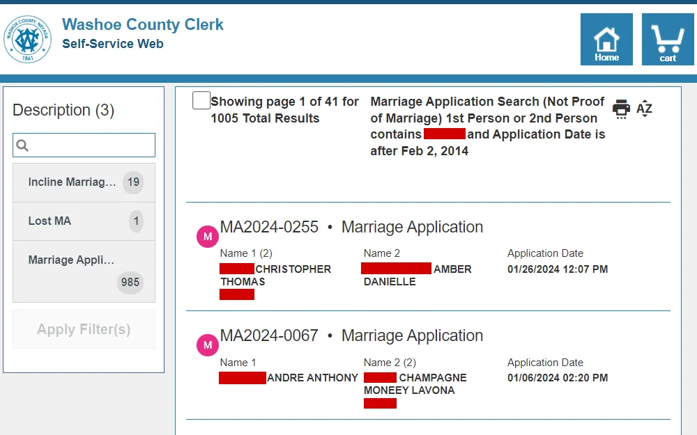 Screenshot from the self-service web of Washoe County displaying the search results, which include the marriage application number, names of both applicants and application date.