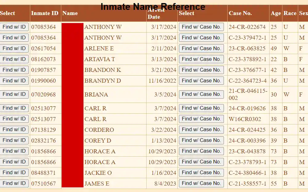 A screenshot of search results from the inmate roster provided by the Detention Center of Clark County, listing the following in columns: inmate ID, name, arrest date, case number, age, race, sex, and buttons for finding inmates with ID or case numbers.