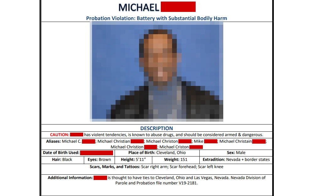 Screenshot from the Nevada Department of Public Safety, Division of Parole and Probation, displaying information regarding one of the wanted fugitives in the state including the name, violation, mugshot, and description such as aliases, date and place of birth, sex, hair and eye colors, height, weight, extradition, identifying marks, and additional information.