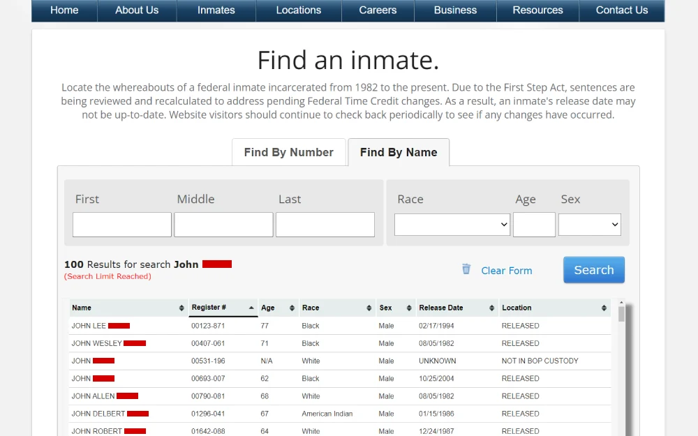 A screenshot from the Federal Bureau of Prisons shows a list of individuals, alongside their register numbers, age, race, sex, release date, and location status, indicating whether they are released or not in custody.