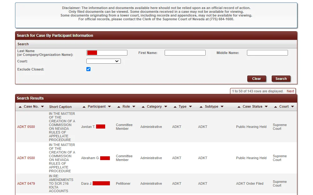 A screenshot showing the Appellate Case Management System's participant search displays the input fields for name and court and the table for search results with the following information: case number, caption, participant, role, category, type, subtype, case status, and court.