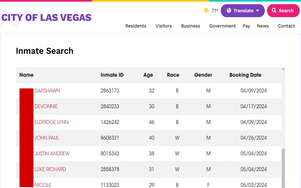 A screenshot of the City of Las Vegas Detention Center inmate search tool that provides information specifically about who’s in jail in the Las Vegas Detention Center on misdemeanor charges.
