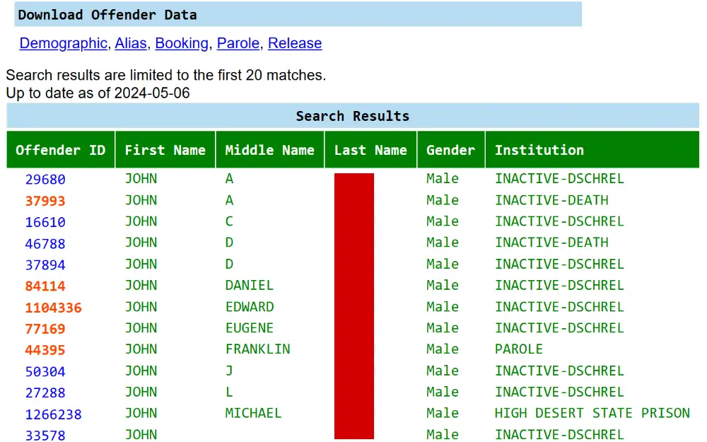 A screenshot of the NDOC Offender search tool to find a certain inmate by name or offender ID and–if available–the subject’s parole hearing date and location will be viewable.